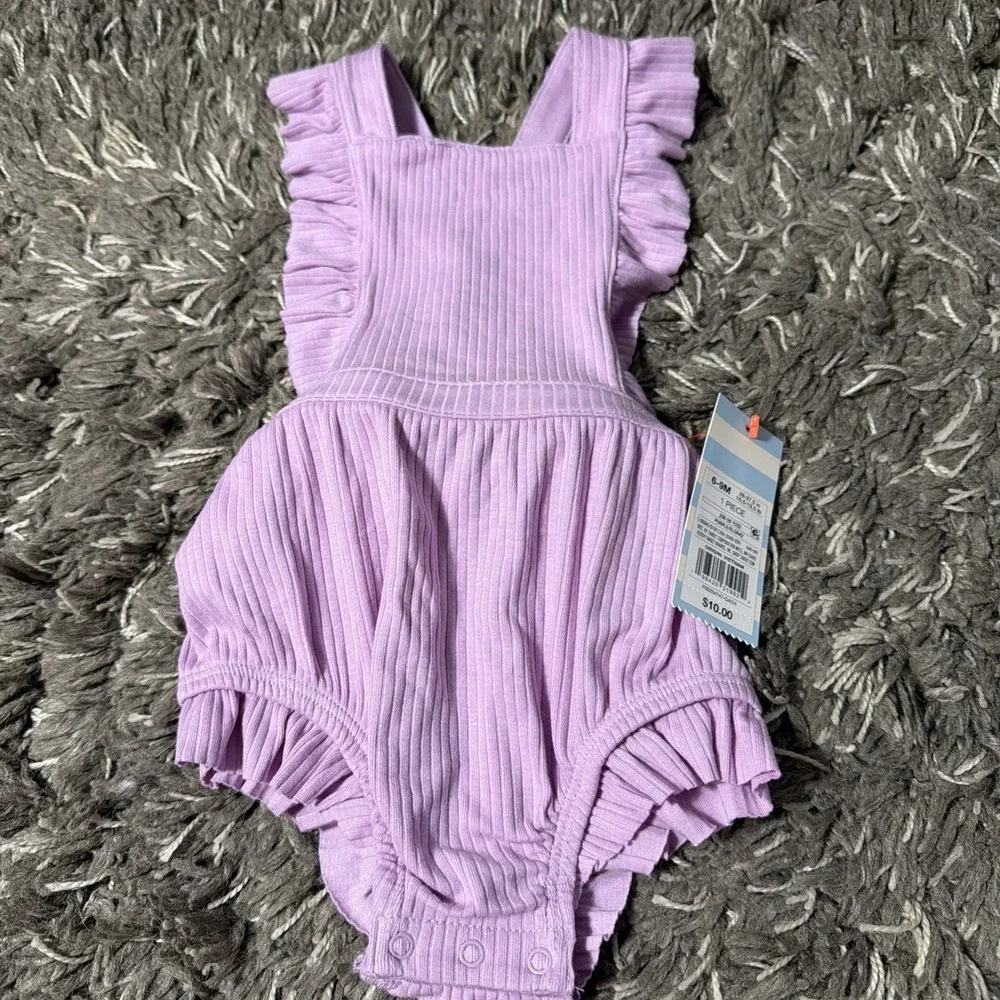 NWT Cat & Jack Baby Lavender Ruffled Romper 6-9 M Ribbed Cotton Blend Sleeveless